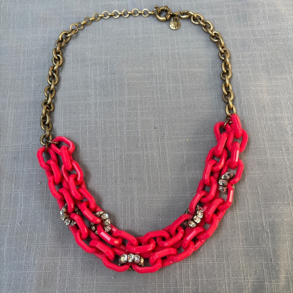 J.Crew Chain-link Necklace, Lucite, Plastic Rhinestone Metal Double Strand Pink